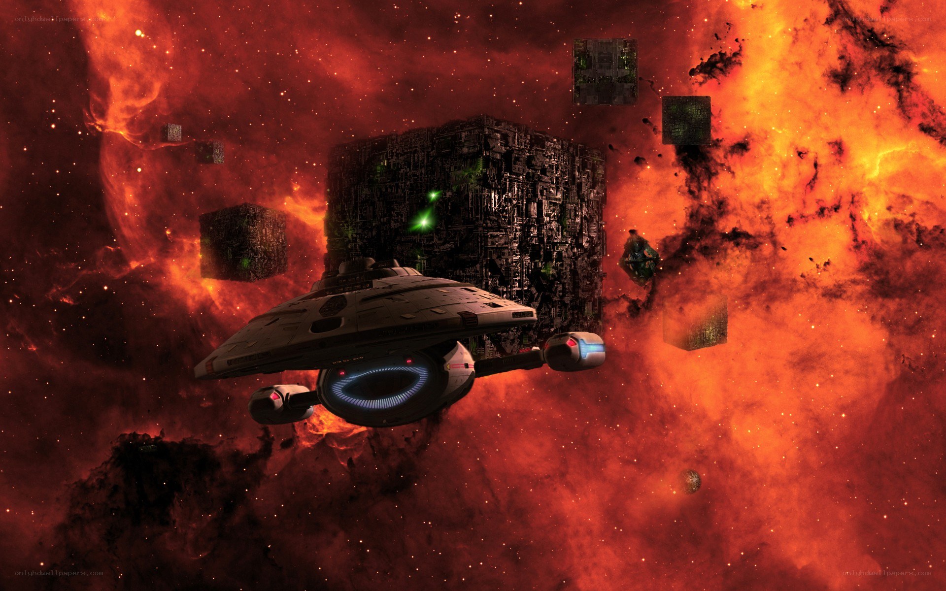 Starship near a cube structure