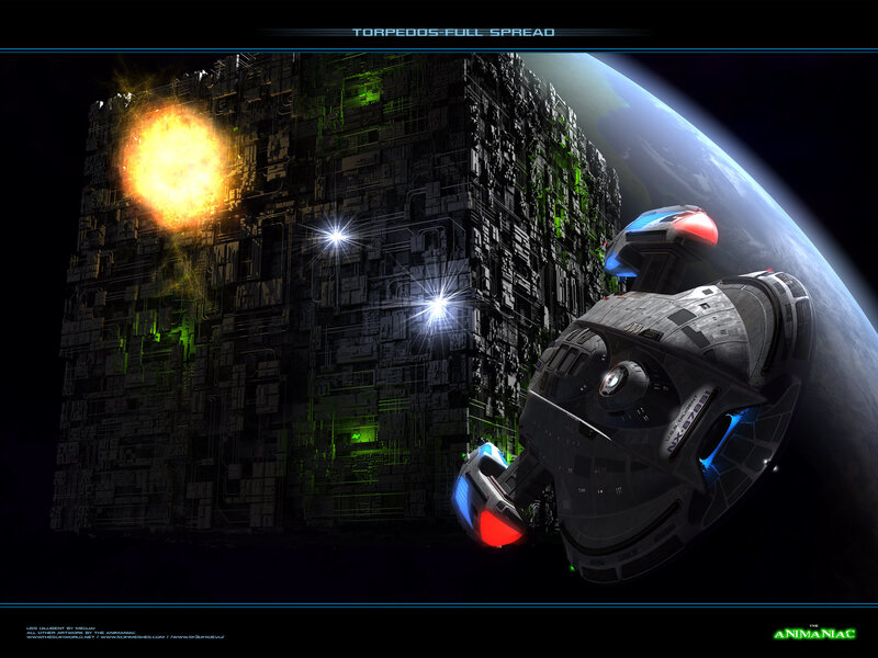 Starship near a cube structure