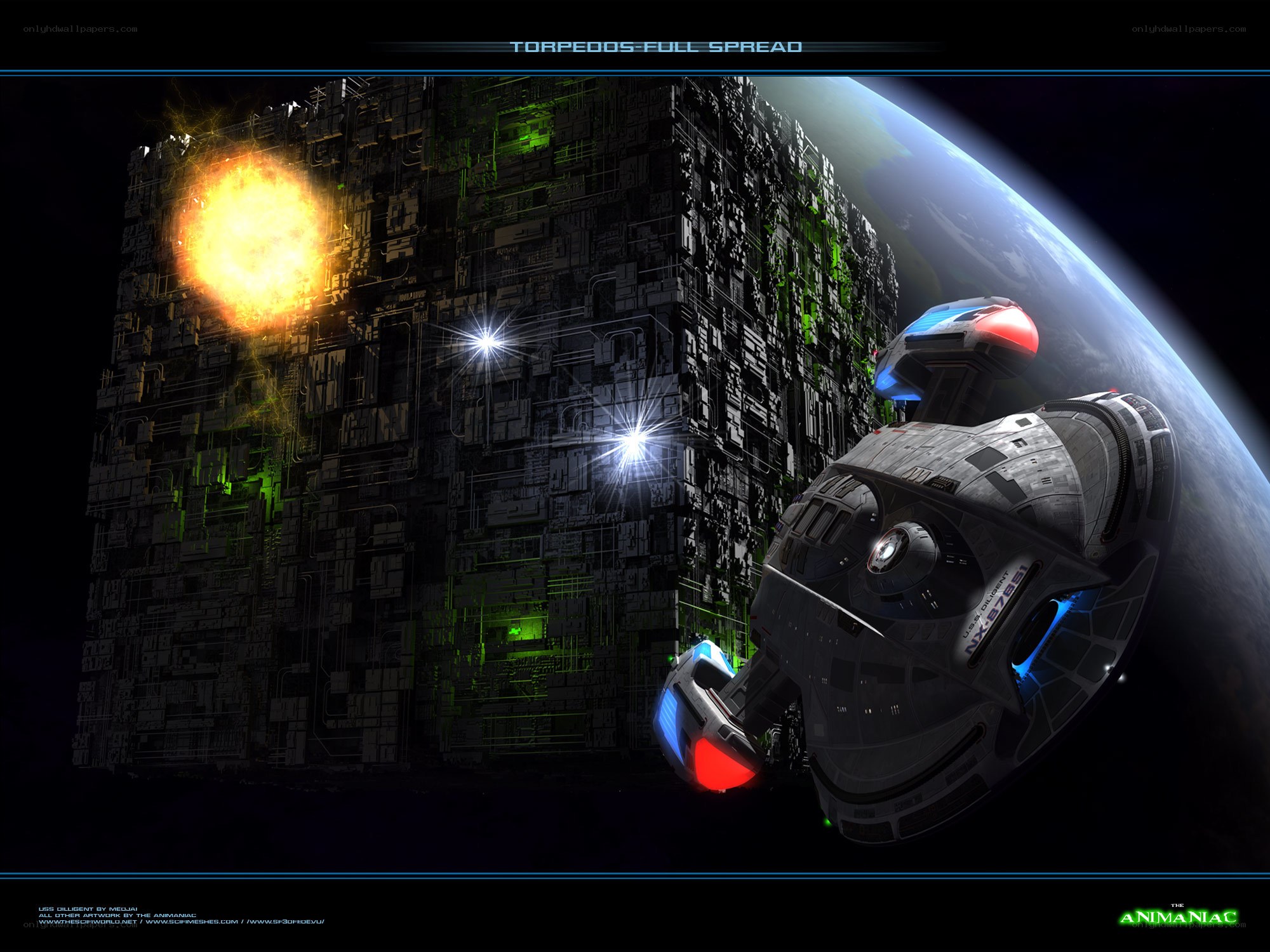 Starship near a cube structure