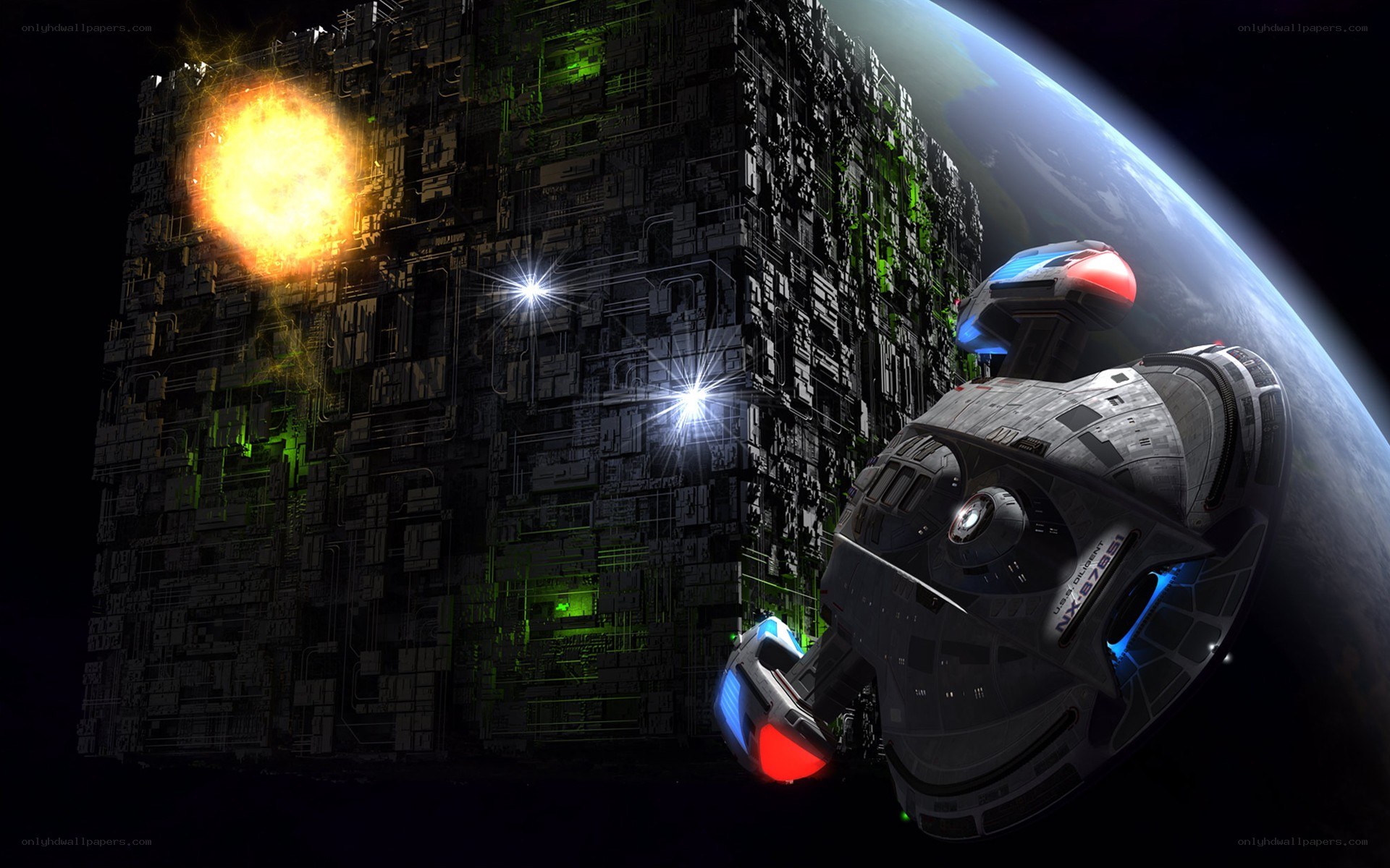 Starship near a massive cube