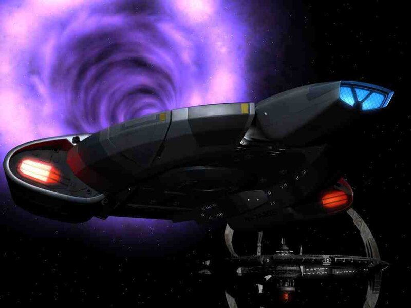 Starship near a purple nebula
