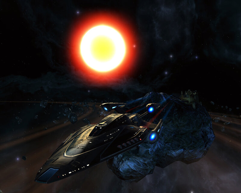 Starship near a red star