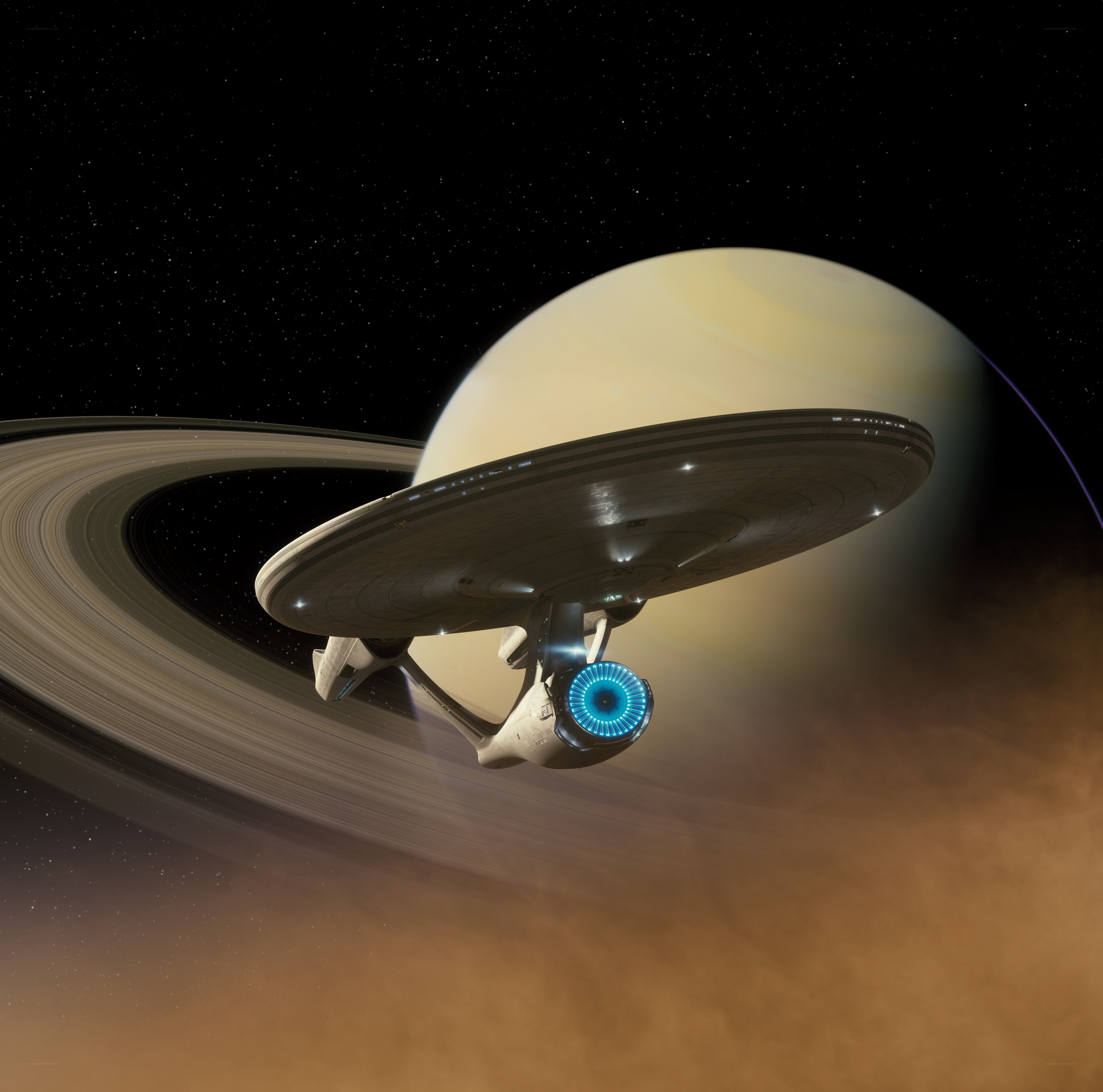 Starship near a ringed planet
