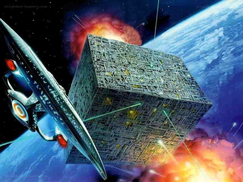 Starship near a space cube