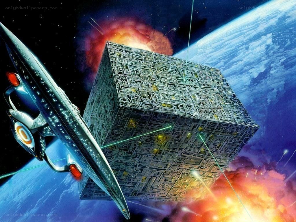 Starship near a space cube