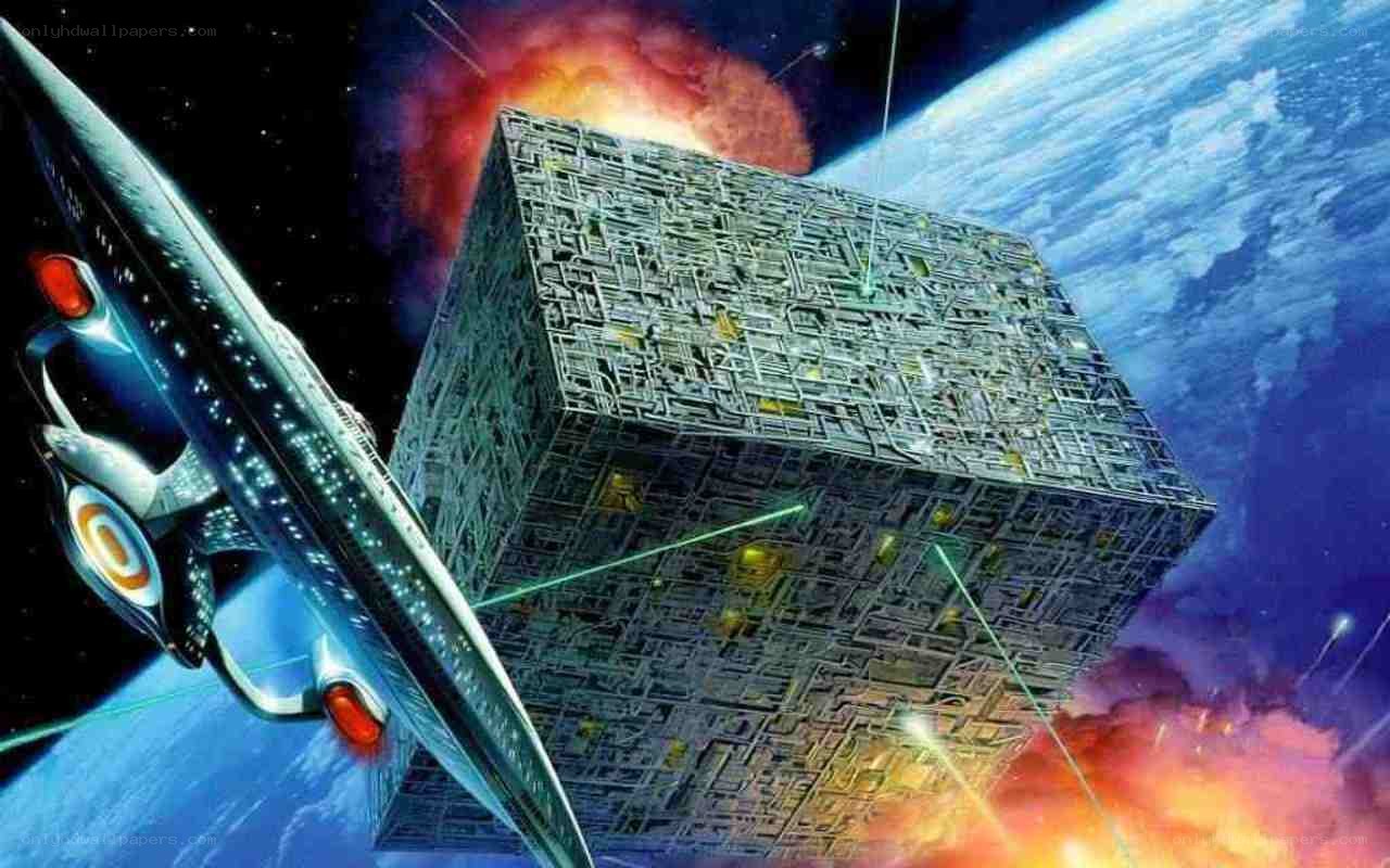 Starship near alien cube