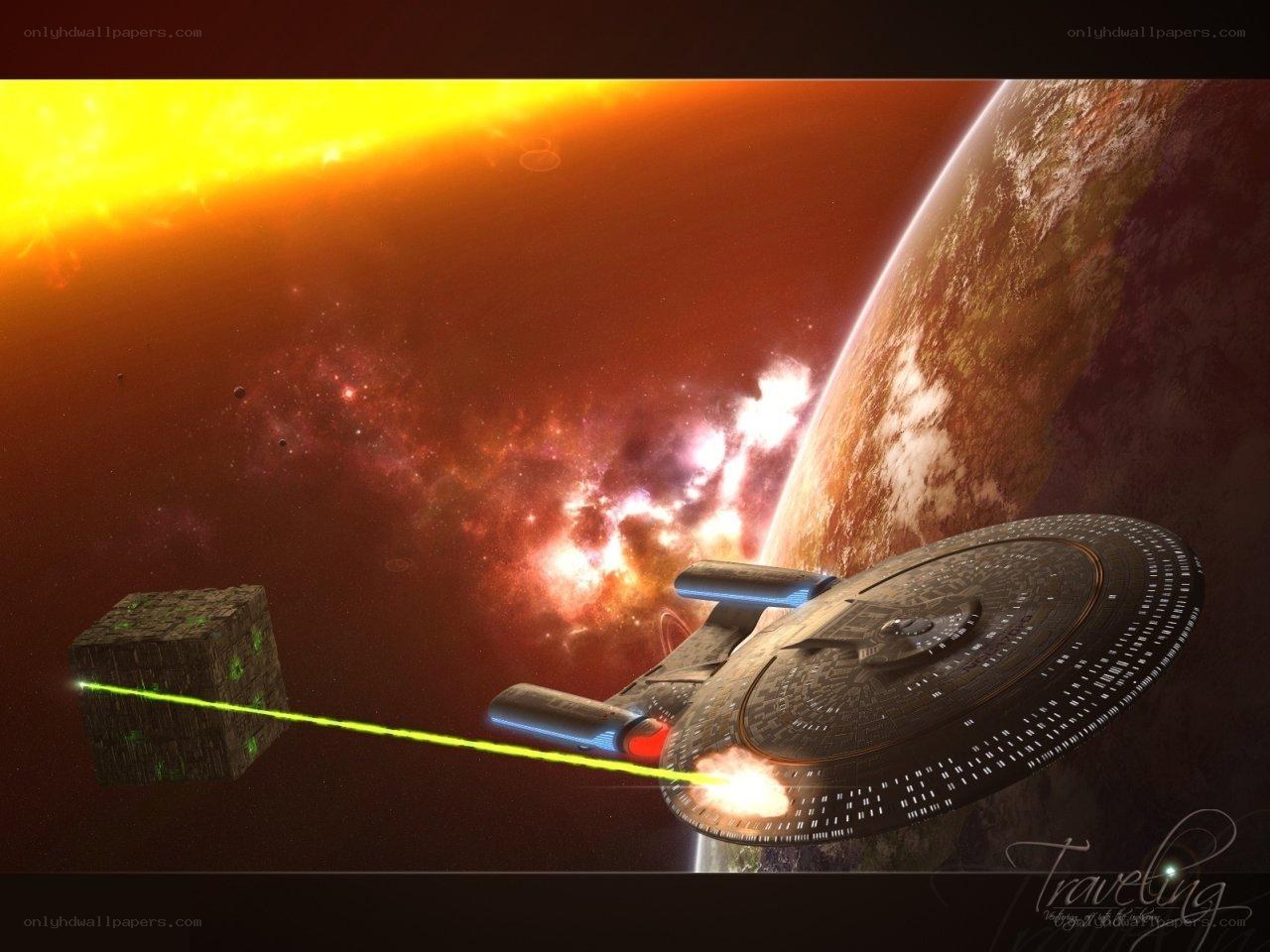 Starship near alien cube