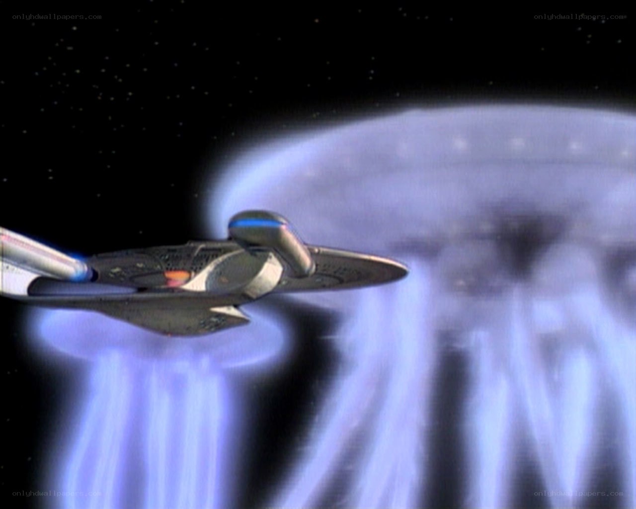 Starship near alien jellyfish