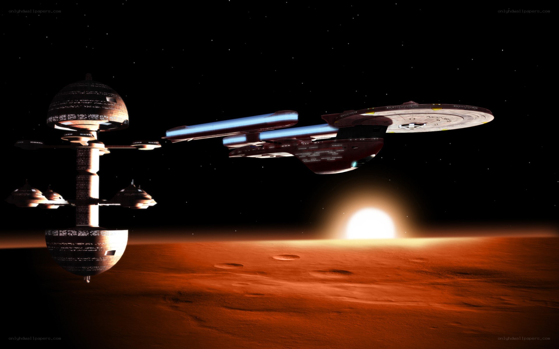 Starship near alien planet