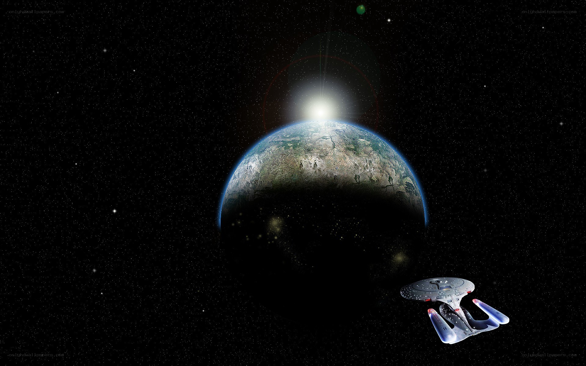 Starship near alien planet