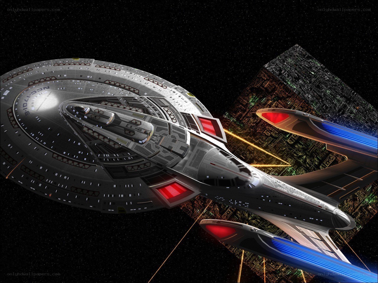 Starship near alien structure