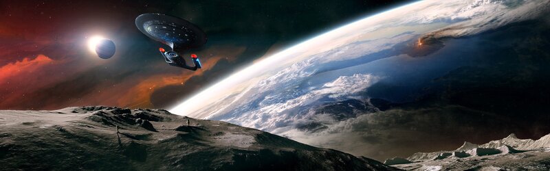 Starship Near Planet — Blue, Dramatic, Digital Art, Moon