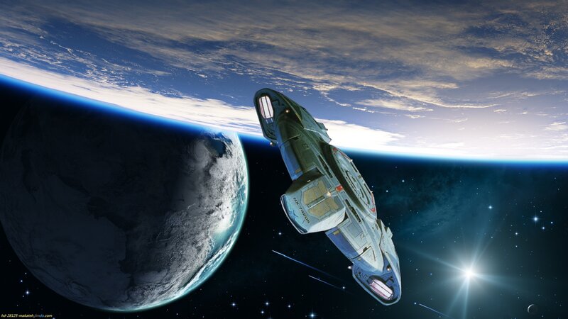 Starship Near Planet — Blue, Dramatic, Digital Art, Stars