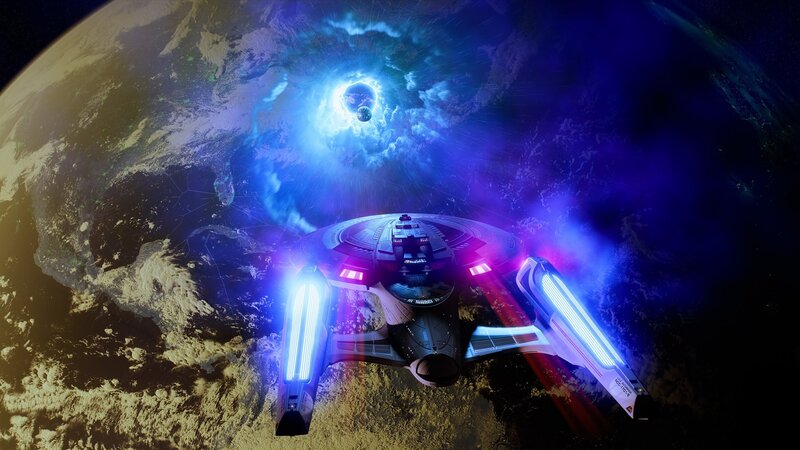 Starship Near Planet — Blue, Dramatic, Digital Art, Wormhole