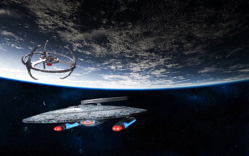 Starship Near Planet — Blue, Dramatic, Night, Digital Art, Space Station