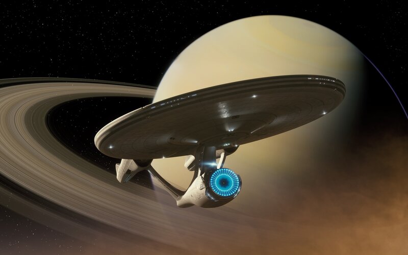 Starship Near Planet — Brown, Dramatic