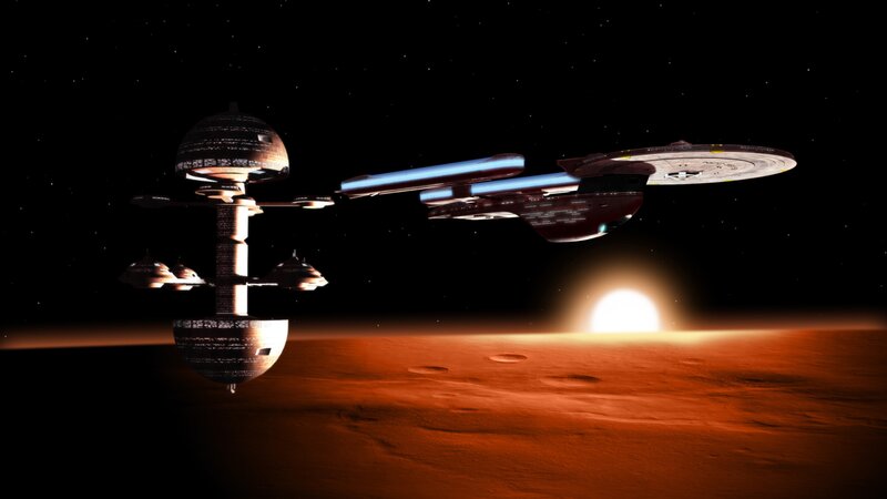 Starship Near Planet — Red, Dramatic