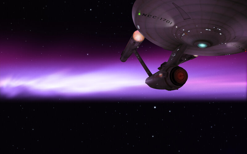 Starship near purple nebula