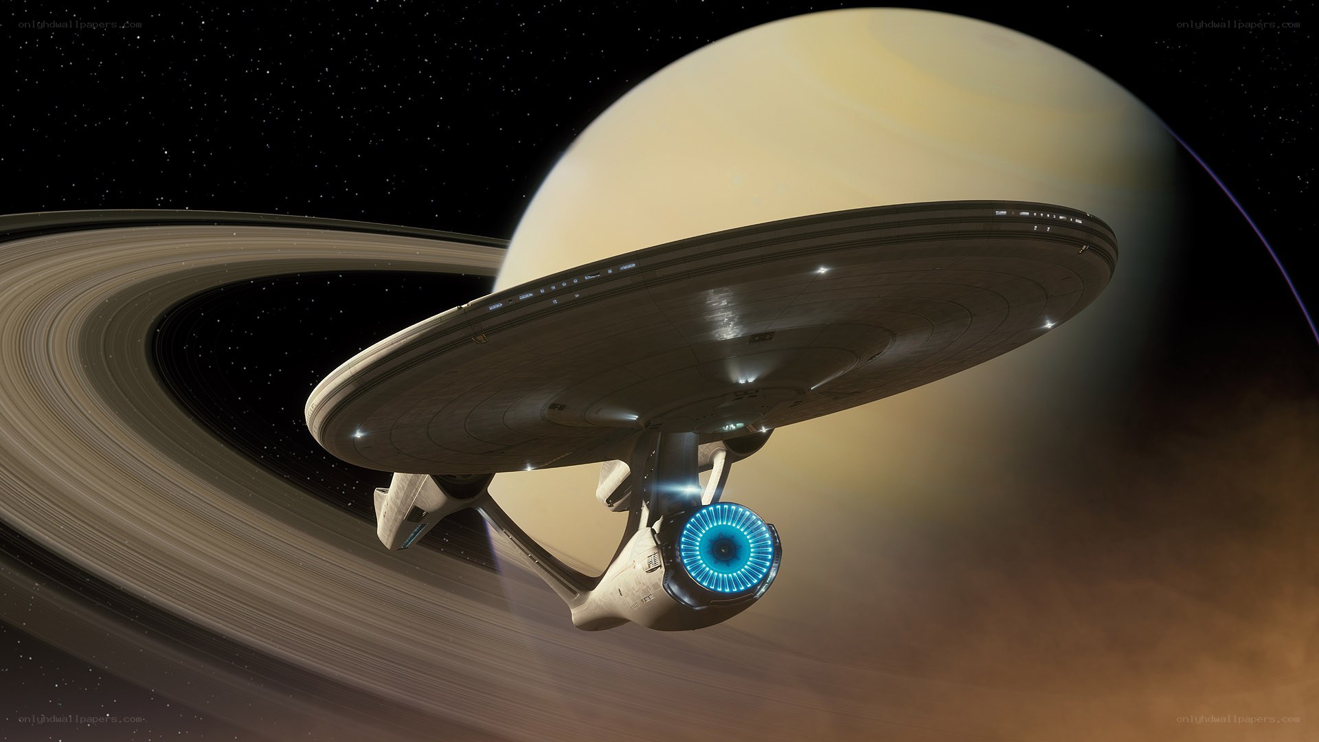 Starship near ringed planet