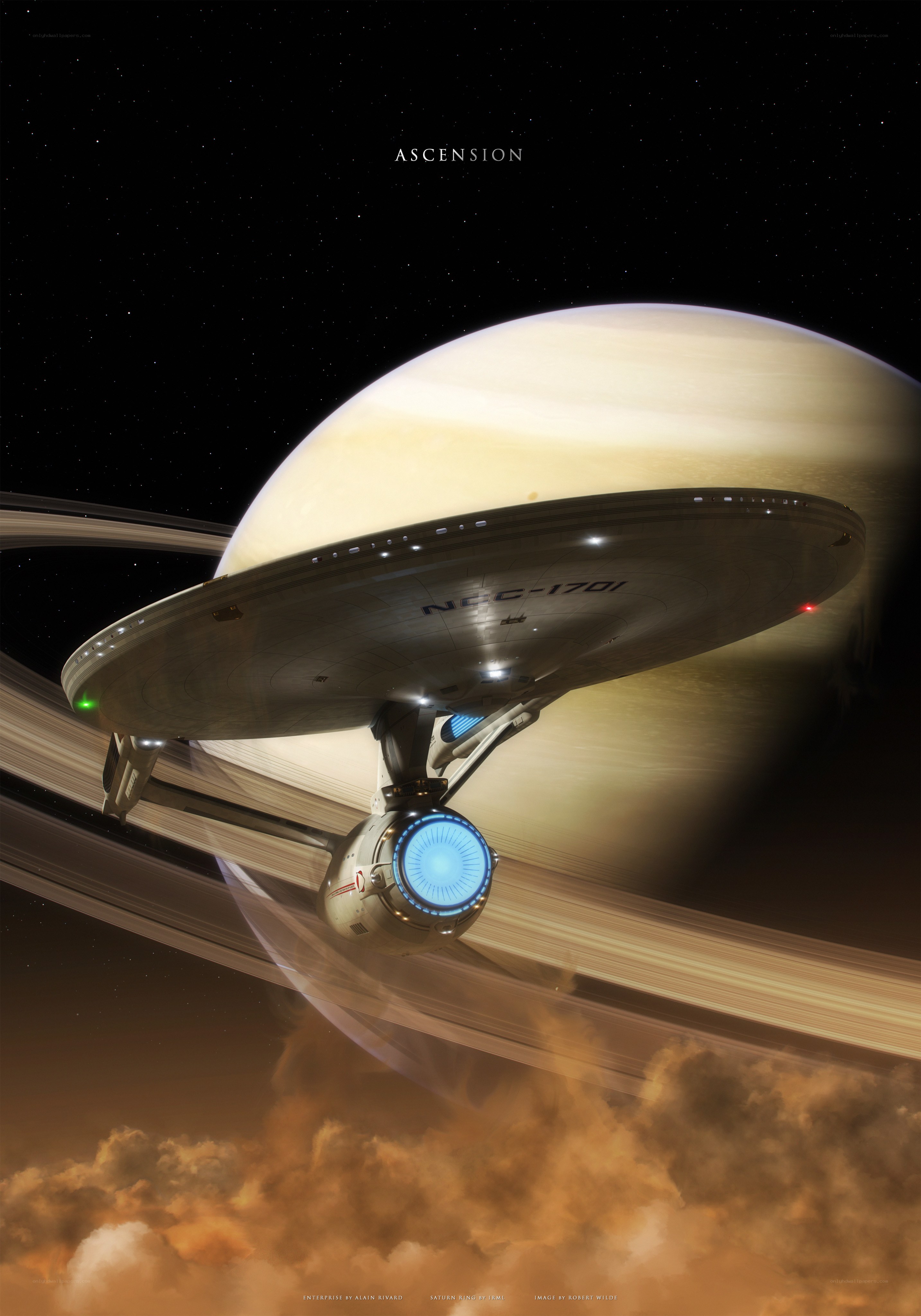 Starship near ringed planet