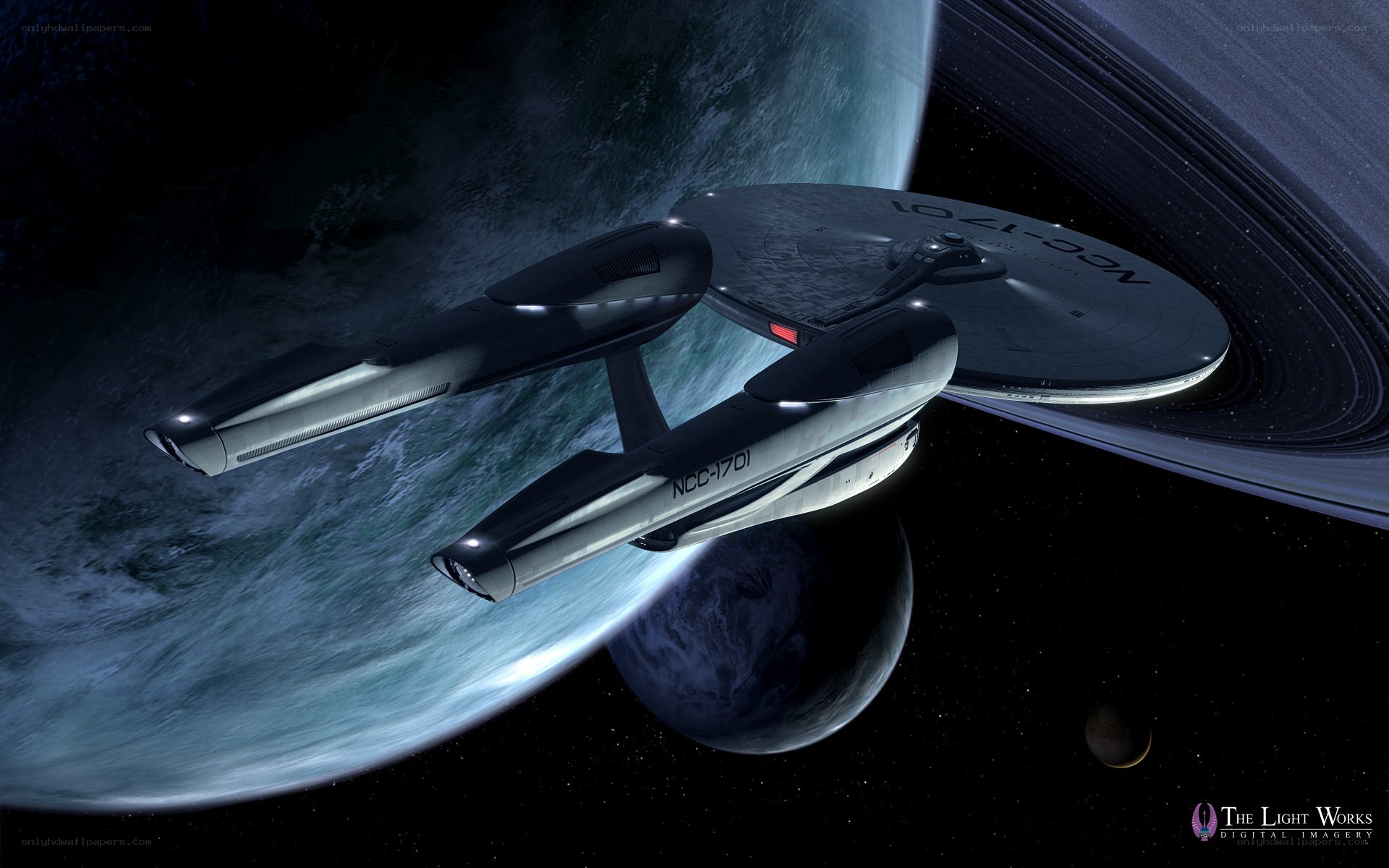 Starship near ringed planet
