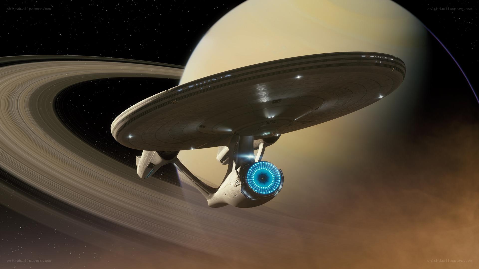 Starship near ringed planet