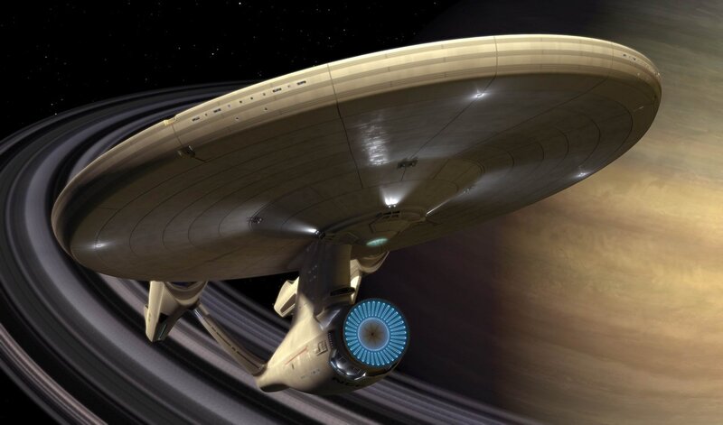 Starship near ringed planet