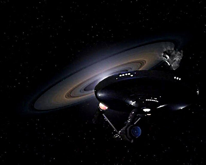 Starship Near Ringed Planet — Black