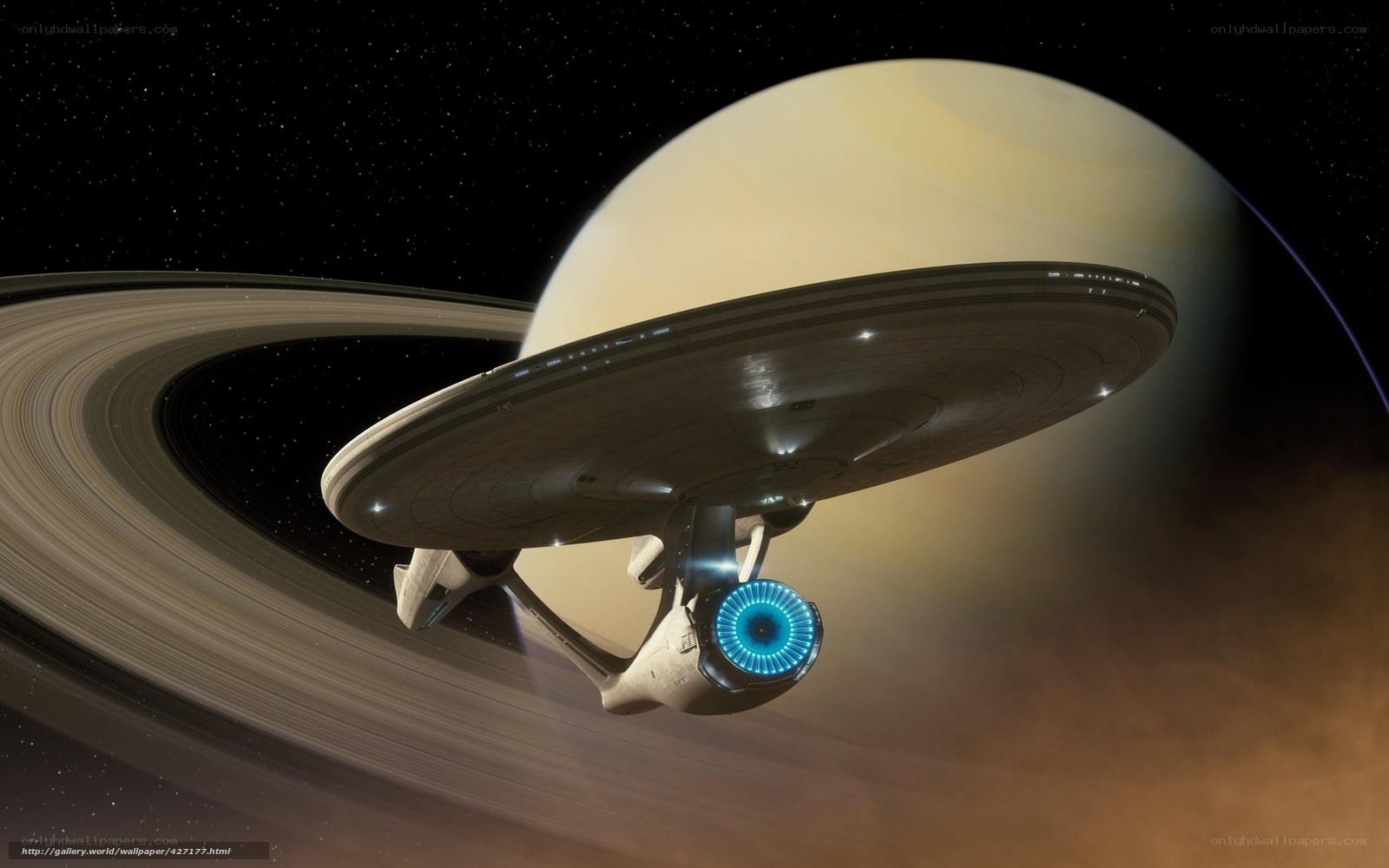 Starship near ringed planet