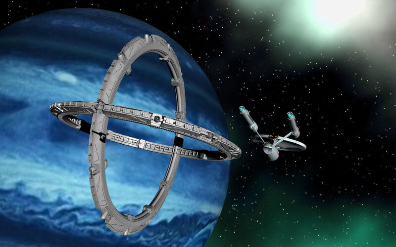 Starship Near Space Station — Blue, Dramatic