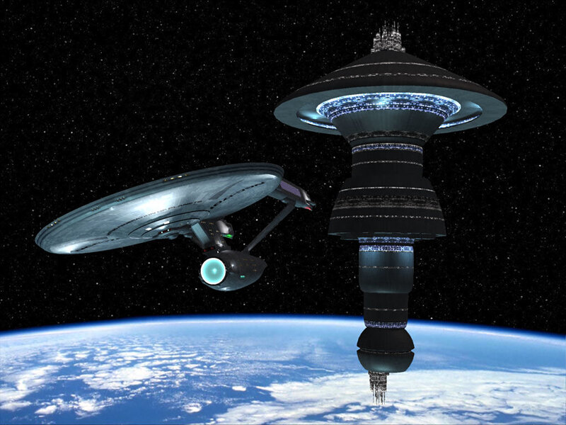 Starship Near Space Station — Blue