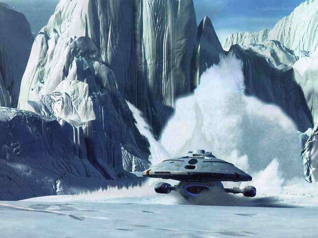 Starship on icy planet surface