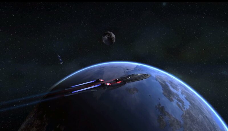 Starship Orbiting Planet — Blue, Serene, Night
