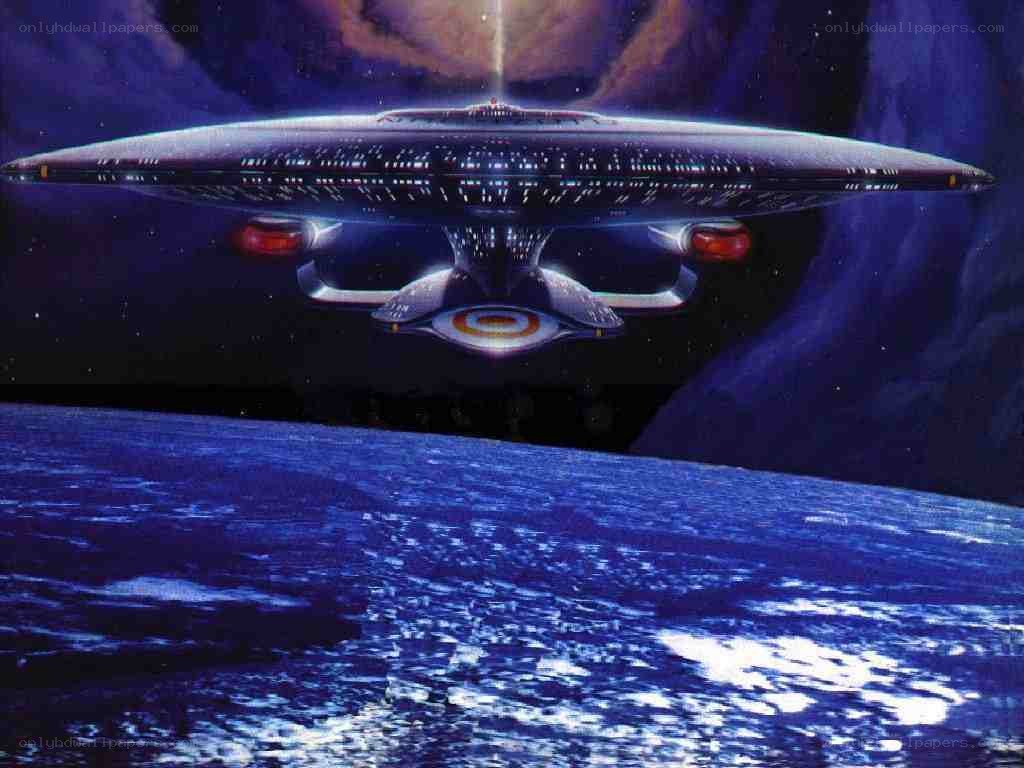 Starship over a blue planet