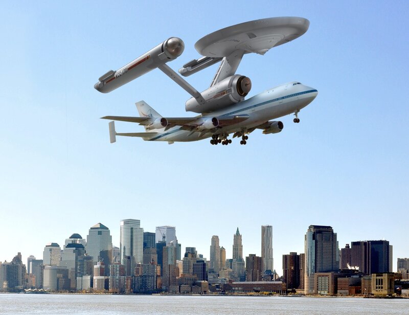 Starship over city skyline