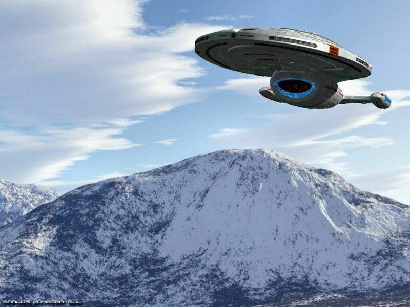 Starship over snowy mountains