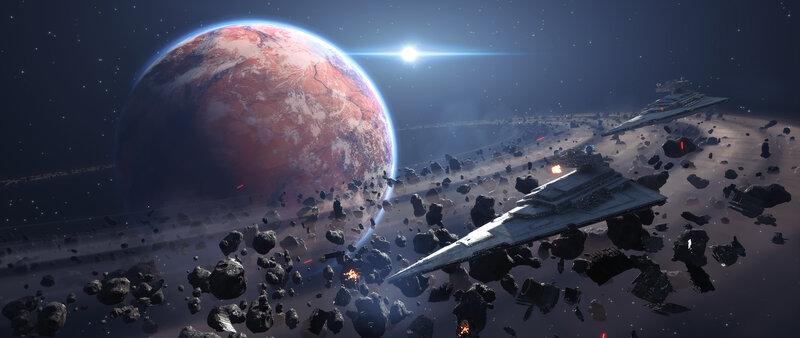 Starships in Asteroid Field — Blue