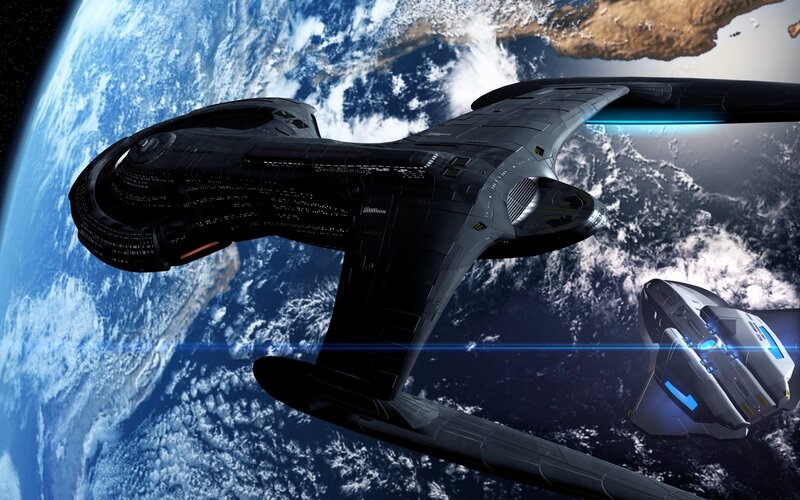 Starships in Orbit — Blue, Dramatic, Digital Art, Earth