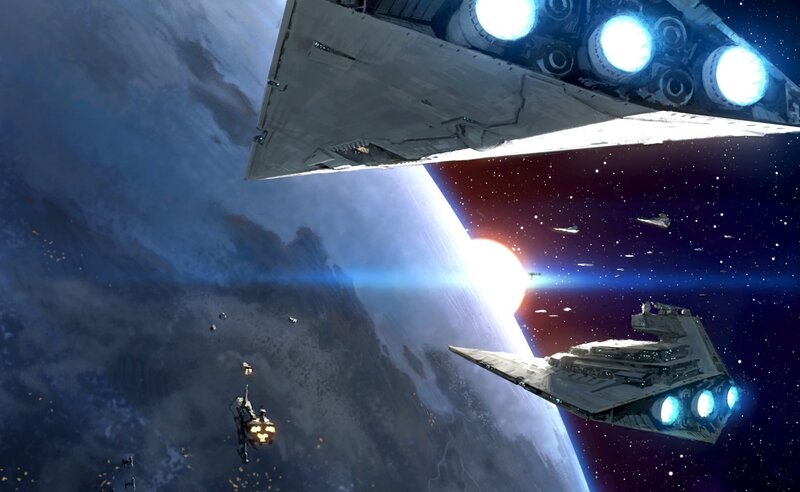 Starships in Space Battle — Blue, Dramatic, Digital Art