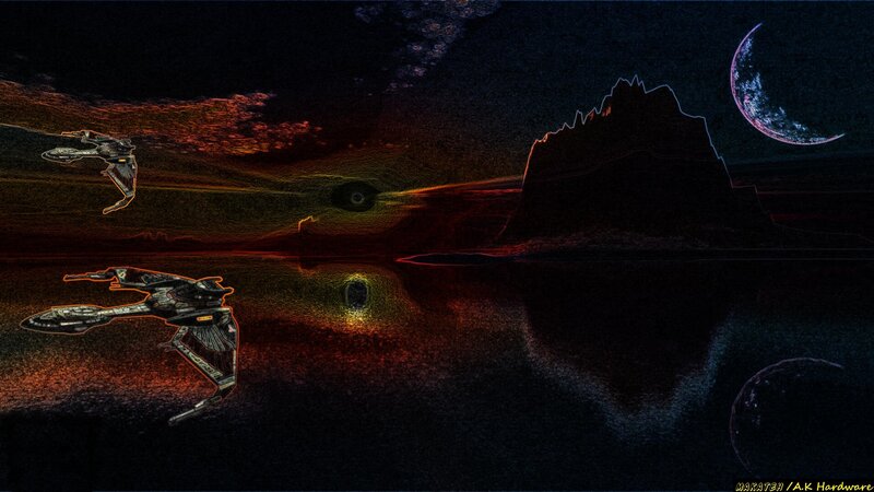 Starships in Space — Black, Dramatic, Night, Digital Art, Moon