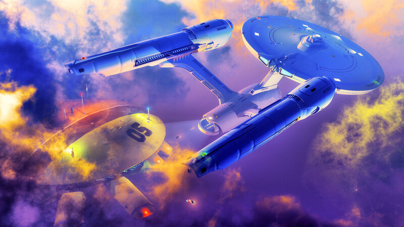 Starships in Space — Blue, Dramatic, Digital Art