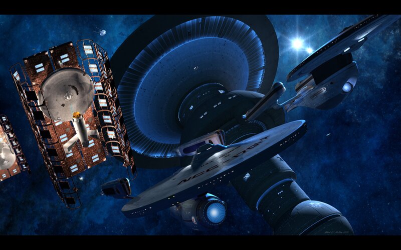 Starships in Space — Blue, Dramatic, Night, Digital Art, Space Station