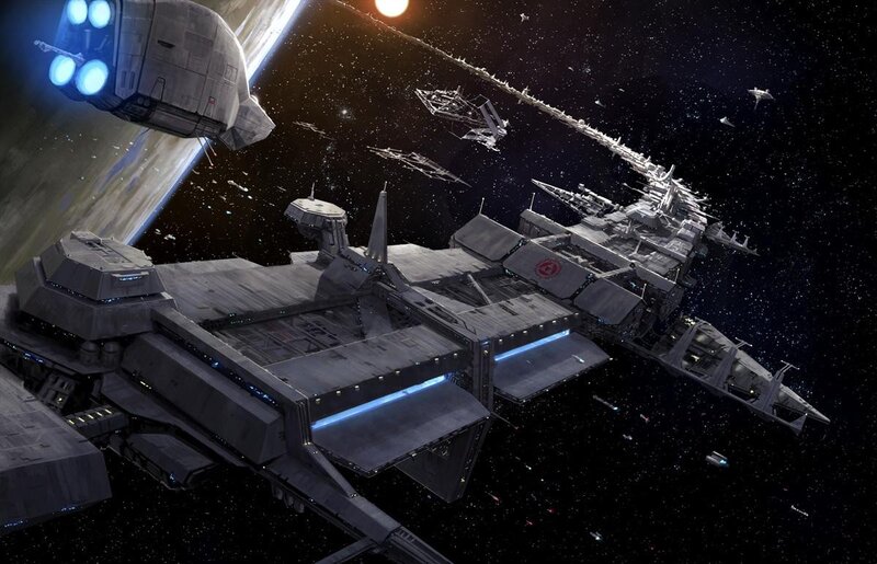 Starships in Space — Gray, Dramatic, Night, Digital Art, Planet