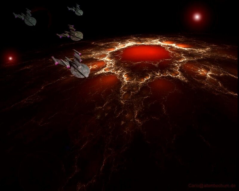 Starships over a fiery planet