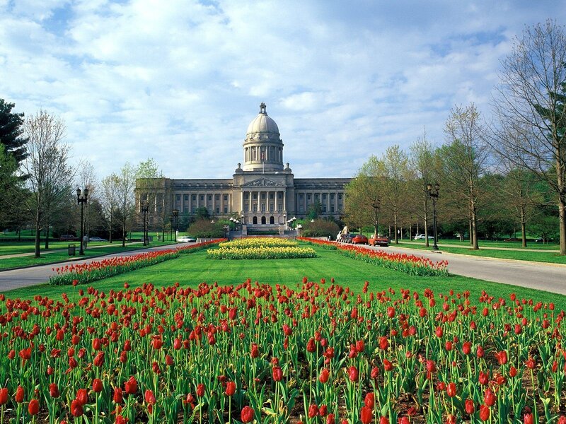 State capitol with tulip garden