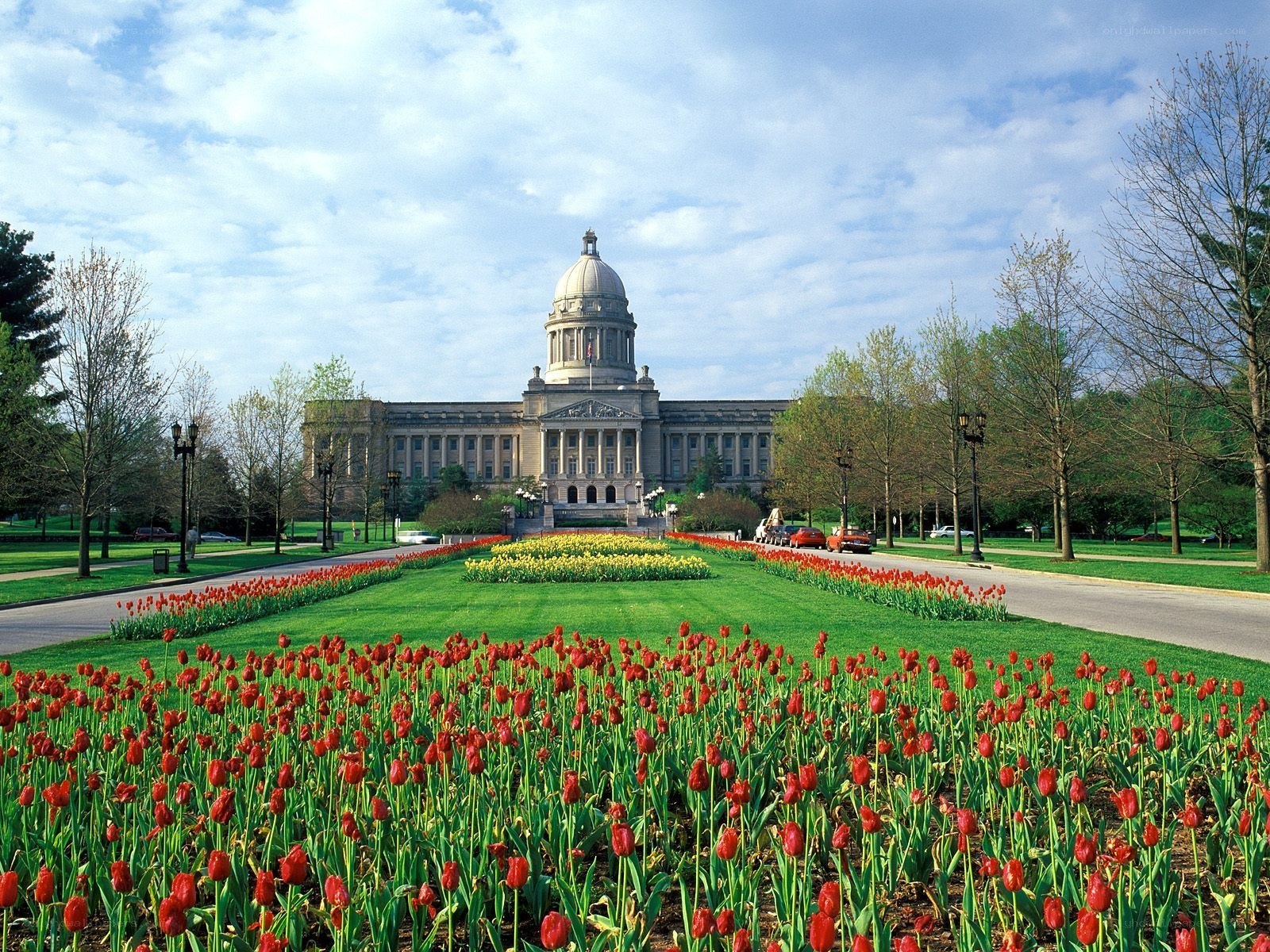 State capitol with tulip garden
