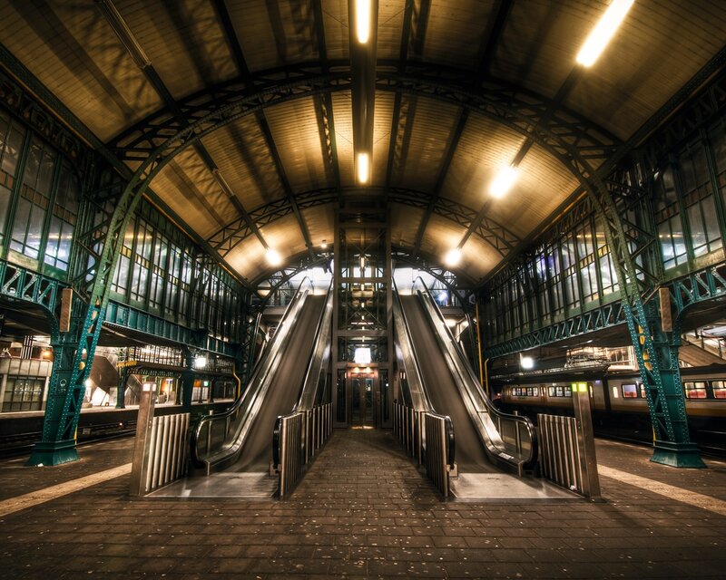 Station with Escalators — Brown, Dramatic
