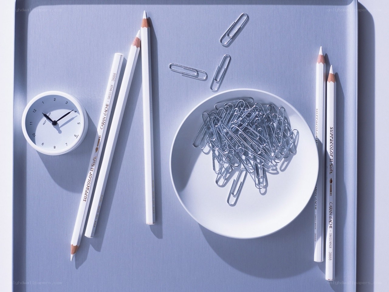Stationery on a blue tray