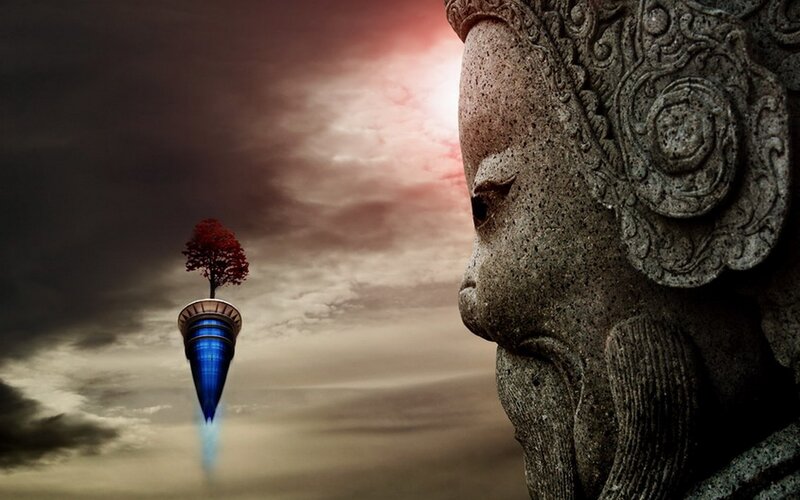 statue and flying tree