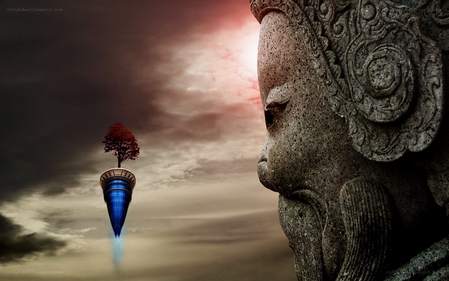 statue and flying tree